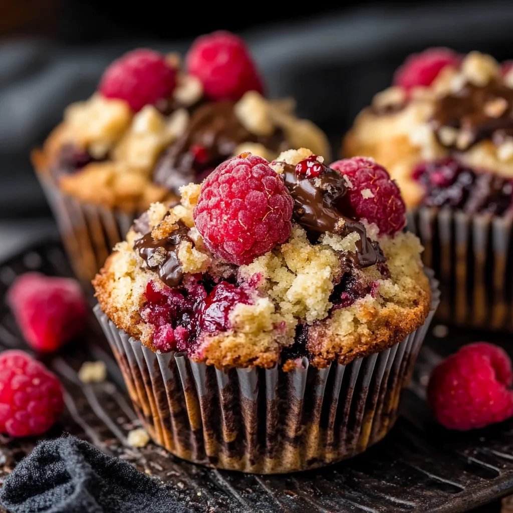 Dunkle Schokoladenstückchen-Himbeer-Crumble-Muffins