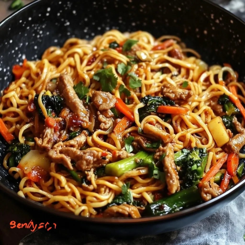 Chinesisch Gebratene Nudeln mit Hühnchenfleisch, Ei und Gemüse