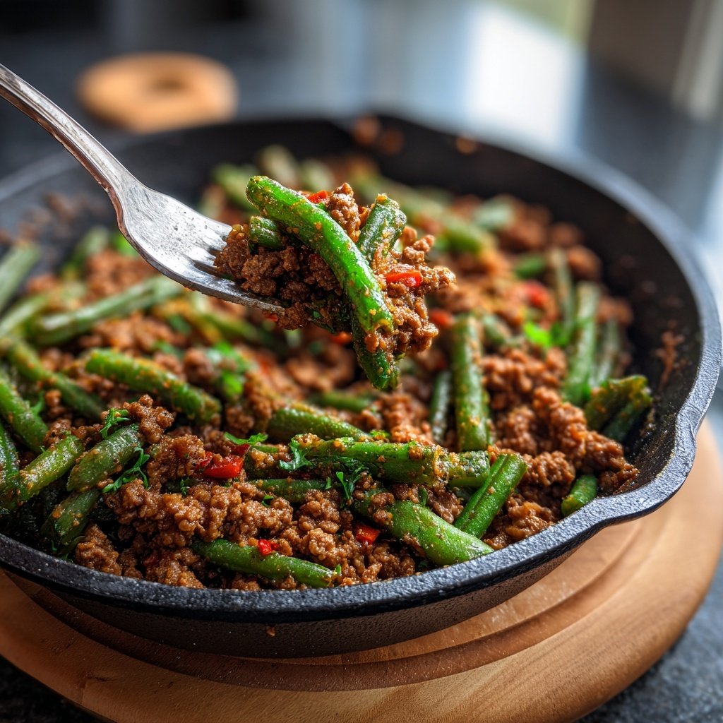 Hackfleisch und grüne Bohnen Pfanne