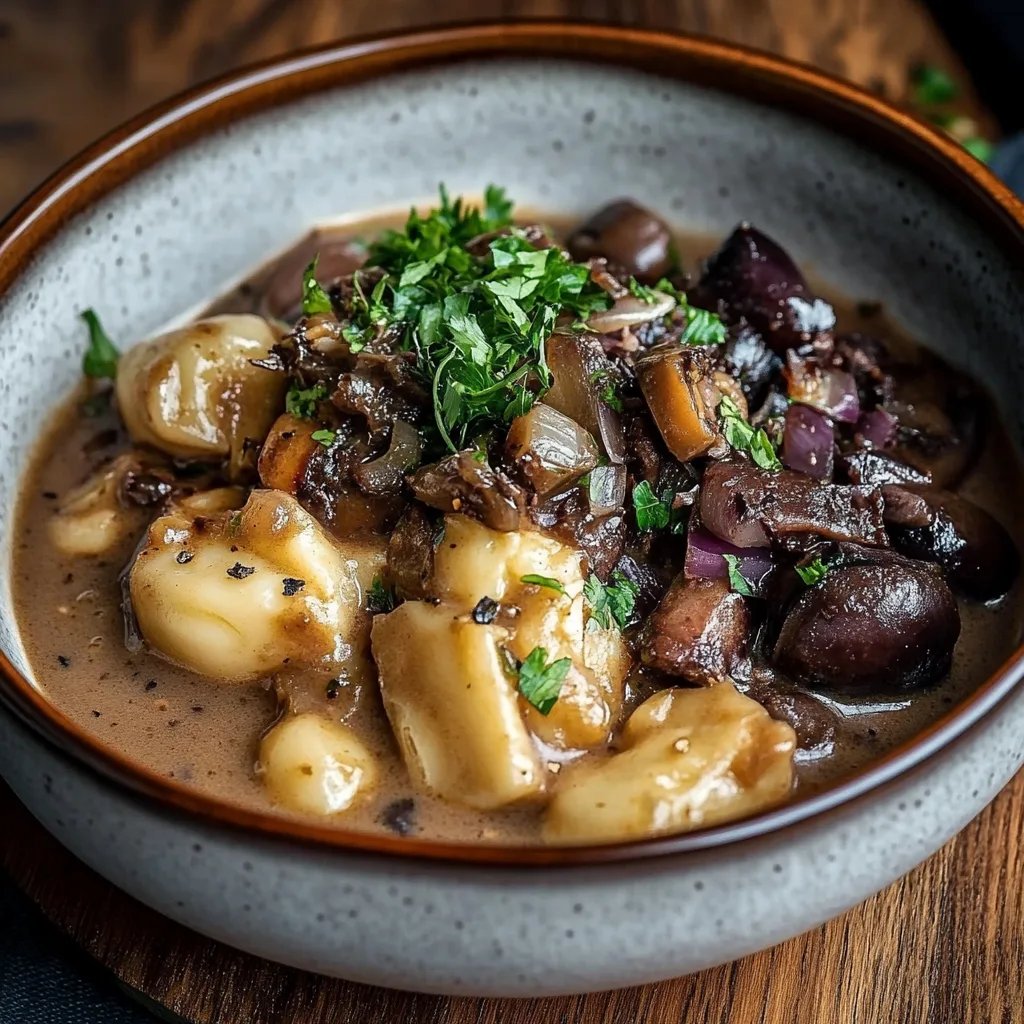 Herzhaftes Pilz-Maronen Ragout mit Ofenknödeln und Rotkraut